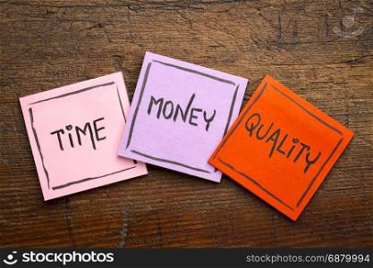 time, money, quality concept - handwriting in black ink on sticky notes against rustic wood