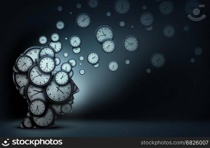 Time planning concept as a group of clocks shaped as a human head spreading the objects as a metaphor for business organization skills as a 3D illustration.