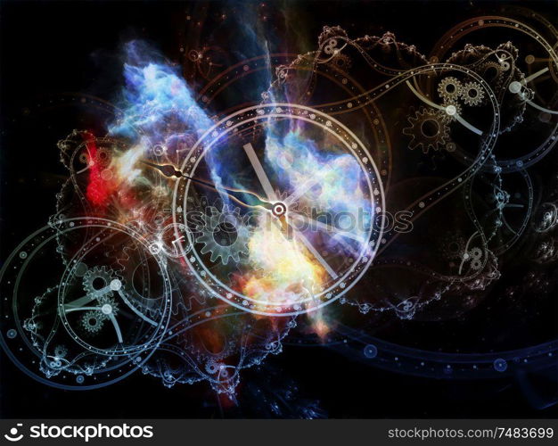 Time Relativity. Faces of Time series. Design composed of clock dials and abstract elements as a metaphor for science, education and modern technologies