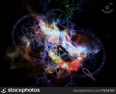 Time Relativity. Faces of Time series. Design composed of clock dials and abstract elements as a metaphor for science, education and modern technologies