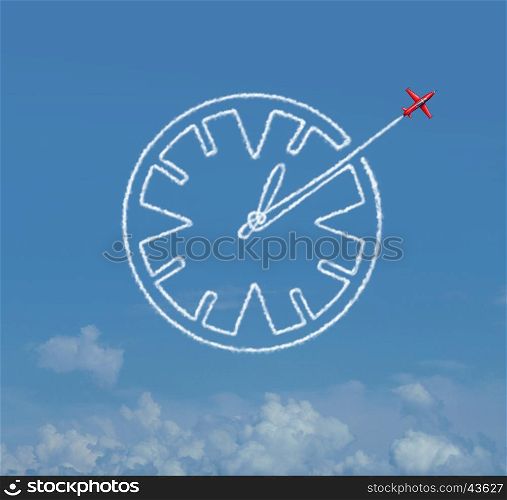 Time skill business schedule management skills as a jet airplane creating an air show smoke trail shaped as a clock as a schedule and date planning icon with 3D illustration elements.