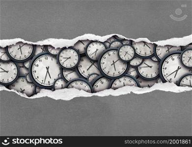 Time stress concept and business working hours as a busy schedule or deadline or urgent pressure with ripped paper exposing hidden clocks and watches as a 3D illustration.