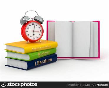 Time to school. Textbook and alarm clock. 3d