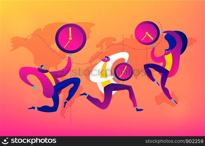 Time zones, international time, world business time concept. Vector isolated concept illustration with tiny people and floral elements. Hero image for website.. Time zones concept vector illustration.