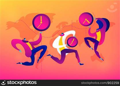 Time zones, international time, world business time concept. Vector isolated concept illustration with tiny people and floral elements. Hero image for website.. Time zones concept vector illustration.