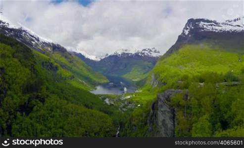 Timelapse, Geiranger fjord, Norway. It is a 15-kilometre (9.3 mi) long branch off of the Sunnylvsfjorden, which is a branch off of the Storfjorden (Great Fjord).
