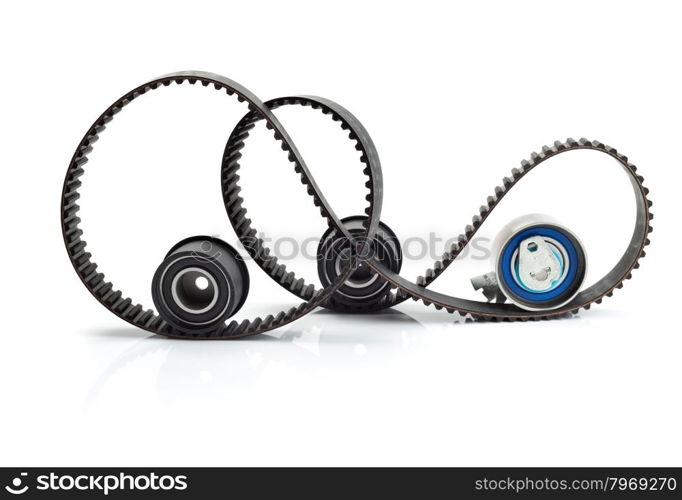 Timing belt, two rollers and the tension mechanism. Isolate on white background.