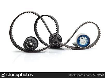 Timing belt, two rollers and the tension mechanism. Isolate on white background.