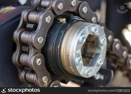 Timing chain in car or other industrial machinery. Technology and part of engine concept. Timing chain in car or other industrial machinery. Part of engine