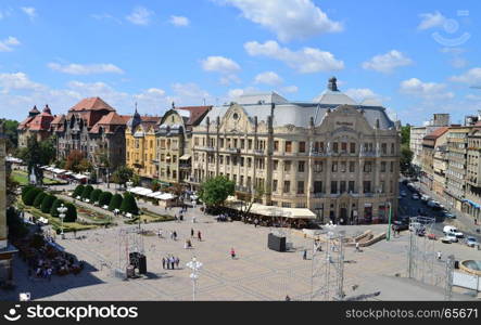 TIMISOARA, ROMANIA - 07.08.2017: Revolution Square or Opera Square landmark architecture