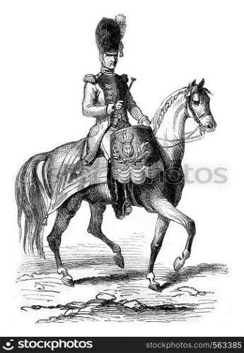 Timpanist gendarmes of the Imperial Guard in 1804, vintage engraved illustration. Magasin Pittoresque 1869.