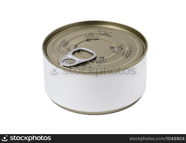 Tin can with blank label and with key on the cap, isolated on white background.