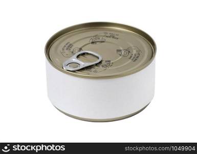 Tin can with blank label and with key on the cap, isolated on white background.