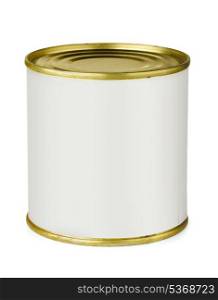 Tin can with blank white label isolated on white
