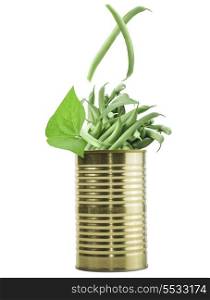 Tin Can With Raw Green Beans Isolated On White Background