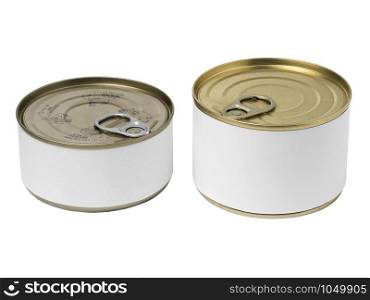 Tin cans with blank label and with key on the cap, isolated on white background.