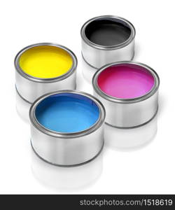 Tin cans with cmyk color paints cyan magenta yellow black