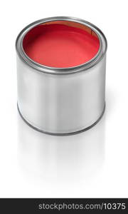 Tin metal can filled with red paint, on white background