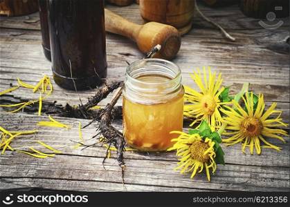Tincture of elecampane. Medicinal folk remedy tincture from the roots of inula