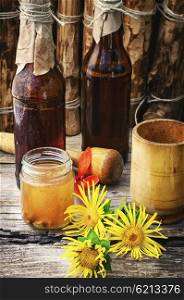 Tincture of elecampane. Medicinal folk remedy tincture from the roots of inula