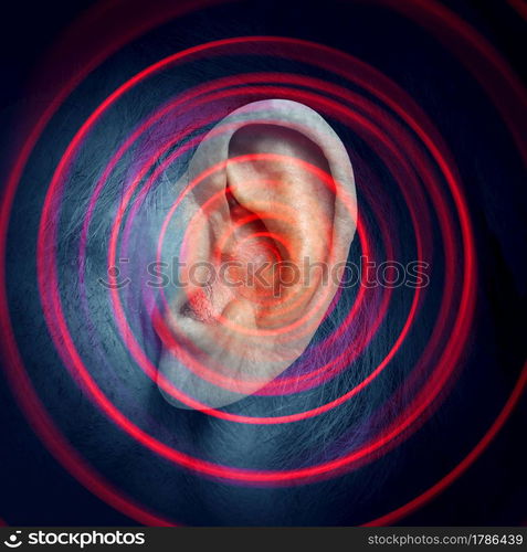 Tinnitus disease as a ringing sound inthe inner ear as a hearing impairment and illness of the ears or painful infection in a 3D illustration style with an abstract radial blur.