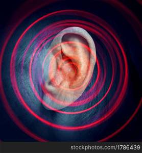 Tinnitus disease as a ringing sound inthe inner ear as a hearing impairment and illness of the ears or painful infection in a 3D illustration style with an abstract radial blur.