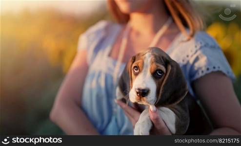 Tiny beagle puppy with his owner in beautiful sunflowers field. Woman with dog on nature backdrop. Cute lovely pet, new member of family. High quality photo. Tiny beagle puppy with his owner in beautiful sunflowers field. Woman with dog on nature backdrop. Cute lovely pet, new member of family.