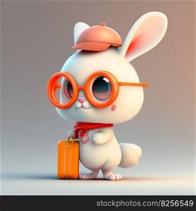 Tiny bunny with big eyes and glasses carrying a bag and wearing a cute cap AI generated