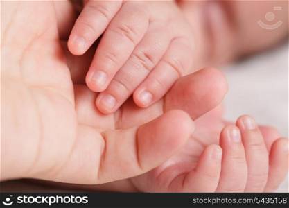 Tiny fingers of newborn baby in mother hand