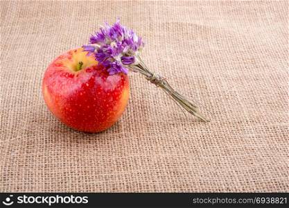 Tiny flower bouquet beside an apple on canvas