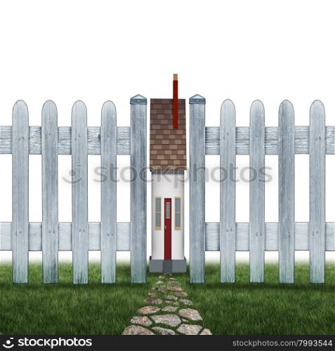 Tiny house and small home concept as a confined residence real estate symbol as a very narrow family house between a picket fence as a metaphor for living in a squeezed cramped space on a white background.