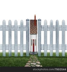 Tiny house and small home concept as a confined residence real estate symbol as a very narrow family house between a picket fence as a metaphor for living in a squeezed cramped space on a white background.
