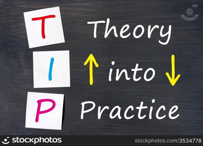TIP acronym for theory into practice written on a blackboard background with sticky notes