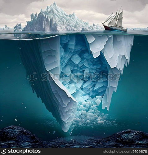 Tip of an iceberg in a icy sea seen from over and under the water. Generative AI. High quality illustration. Tip of an iceberg in a icy sea seen from over and under the water. Generative AI