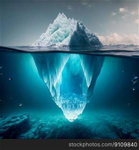 Tip of an iceberg in a icy sea seen from over and under the water. Generative AI. High quality illustration. Tip of an iceberg in a icy sea seen from over and under the water. Generative AI