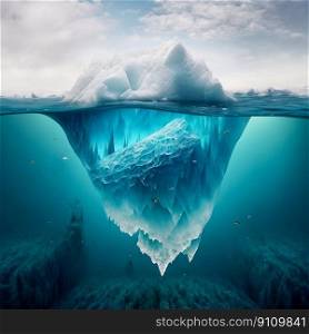 Tip of an iceberg in a icy sea seen from over and under the water. Generative AI. High quality illustration. Tip of an iceberg in a icy sea seen from over and under the water. Generative AI