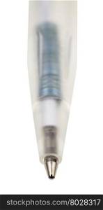 tip of plastic ballpoint pen close up isolated on white background