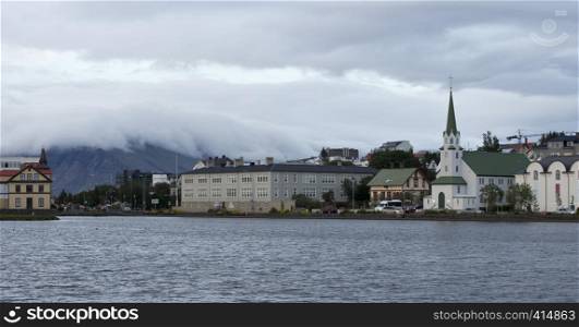 Tipical icelandic houses and a church in Reykjavik
