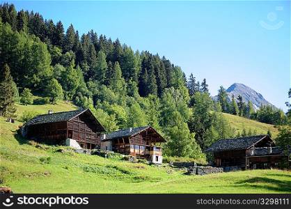 Tipical rural mountain wooden houses &acute;Walser&acute;, Italy-Swiss border.