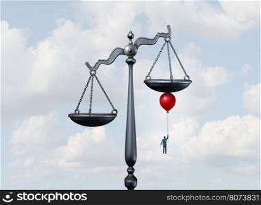 Tipping the scales of justice concept as a justice court scale being moved and influenced by a businessman or lawyer with a balloon moving the balance in his favor with 3D illustration elements.
