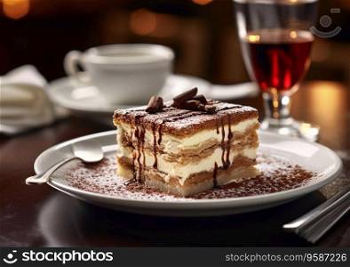 Tiramisu cake with glass of wine and cup of coffee in fine dining restaurant.AI Generative