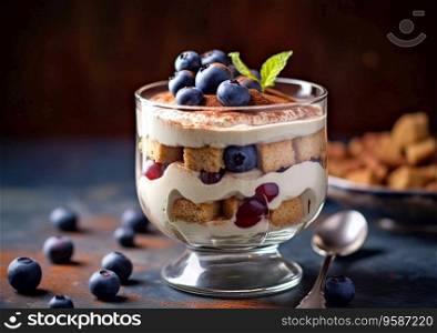 Tiramisu dessert with blueberry and mint in glass on table.AI Generative