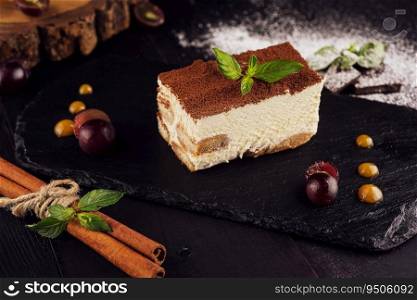 Tiramisu with grated chocolate and mint twig