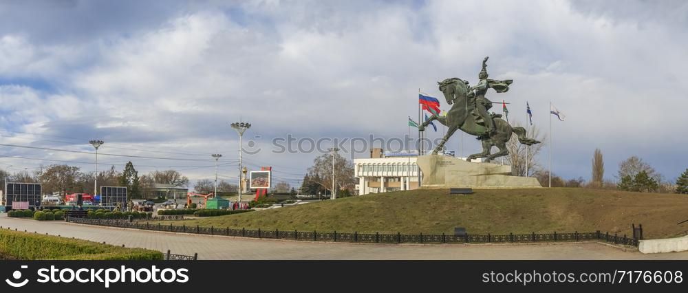 Tiraspol, Moldova - 03.10.2019. Equestrian statue to the russian commander Alexander Suvorov near the Dniester River in the city of Tiraspol, Transnistria, Moldova. Monument to Suvorov in Tiraspol, Moldova