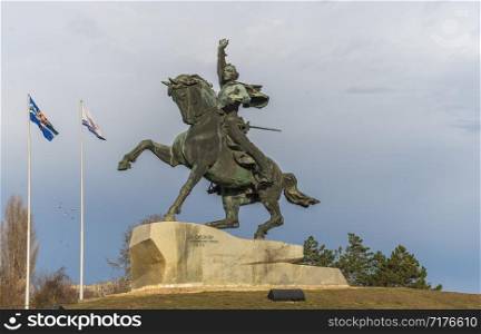 Tiraspol, Moldova - 03.10.2019. Equestrian statue to the russian commander Alexander Suvorov near the Dniester River in the city of Tiraspol, Transnistria, Moldova. Monument to Suvorov in Tiraspol, Moldova