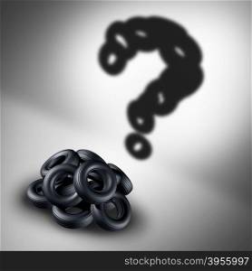 Tire and tyre questions car concept as a group of rubber wheels casting a shadow shaped as a question mark as an auto mechanic repair symbol on a white background as a 3D illustration transportation information icon.