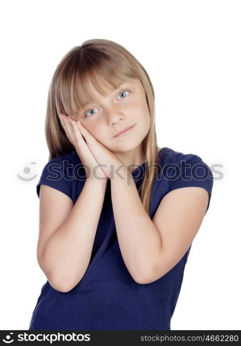 Tired blond girl isolated on white background