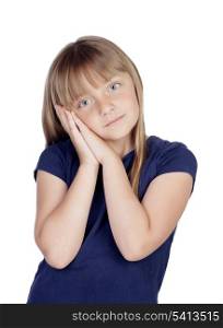 Tired blond girl isolated on white background