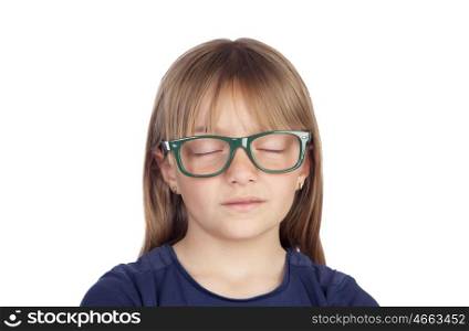 Tired blond girl with glasses sleeping isolated on white background