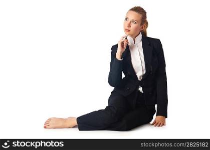 Tired businesswoman isolated on white